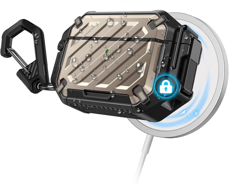 SupCase for AirPods Pro 3 Case with Lock & Carabiner, [IP68 Waterproof] [Military-Grade Protection] [Supports Wireless Charging] Anti-Scratch Hard Shell Cover for AirPods Pro 3rd Gen, Desert - Image 1